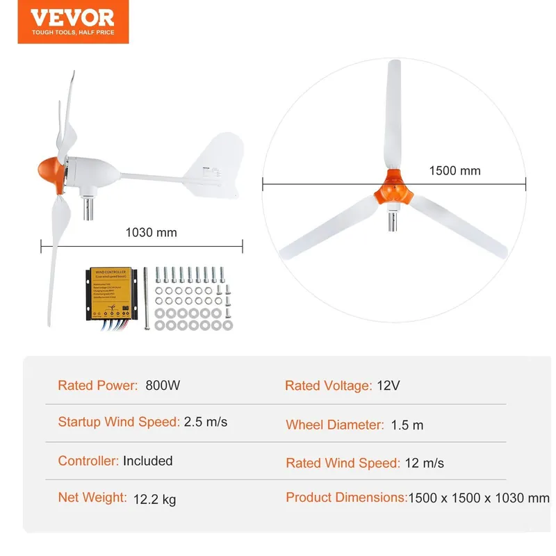 Tehdashinta Vaaka-akselinen tuuligeneraattori Vevor 12V 800W