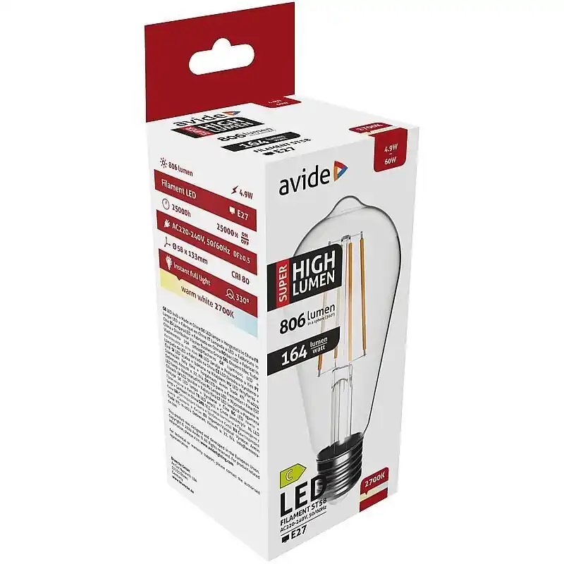 Ajankohtainen Avide LED-lamppu 4,9W 806lm E27 2,7K filamentti