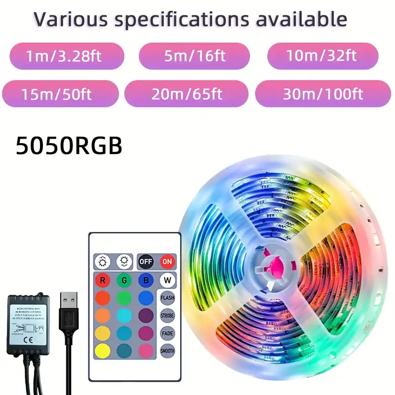 Ajankohtainen 1/5/10/15/20/30m LED-valonauhat, USB-liitäntä, Ultra Pitkä 5050 RGB Väriä Muuttava LED-Valonauhapaketti 24-Näppäiminen IR-kaukosäätimellä, 20M/65FT
