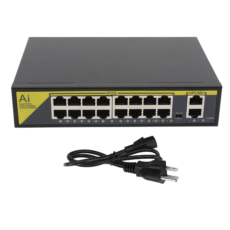 18-porttinen POE Gigabit Ethernet -kytkin, metallikuori, erinomainen lämmönpoisto, äänetön, verkonvalvonta, AC 110-240 V, US-pistoke, 18-porttinen POE-kytkin Vain Rajoitetun Ajan
