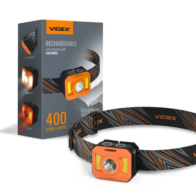 Alennus LED-otsalamppu 5W + COB 5W akku, 8 tuntia, 400lm n kantama, 110 m, IP65 VLF-H085-OR Videx